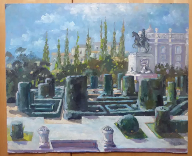 Vicente Segura (1930-2015) Cuadro Óleo Vista Jardines Plaza Oriente Madrid MD3