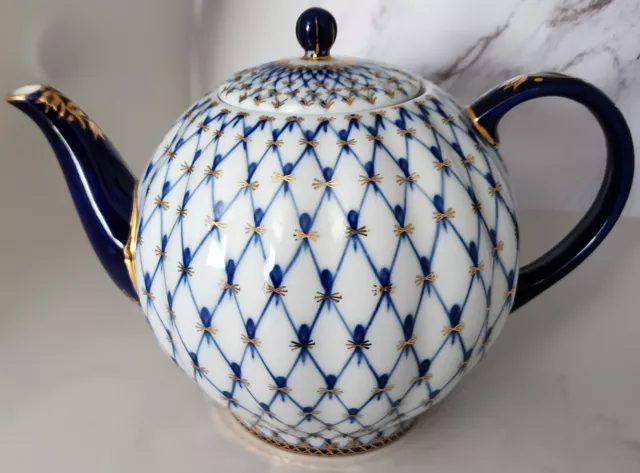 Vtg 90s Lomonosov Cobalt Net Tulip Teapot 10 Cups, 22k gold♡Made In Russia Stamp