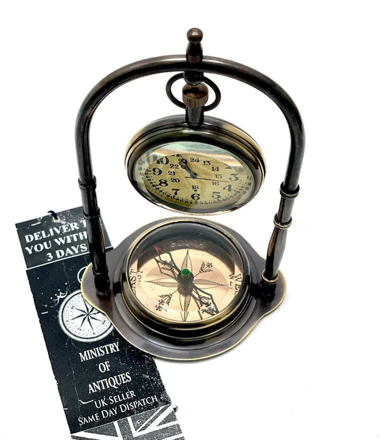 Reloj náutico de diseño antiguo con brújula Victoria London mesa de latón liso