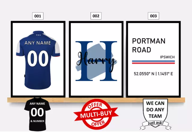 Personalised Ipswich Town Football Print Wall Art Poster Custom Set of 3