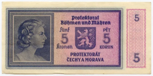 1940 Bohemia & Moravia German Occupation Wwii 5 Korun Note Crisp Au. 2