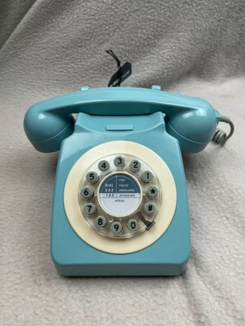 Wild & Wolf 746 RETRO 70s rotary look push button duck egg blue corded telephone