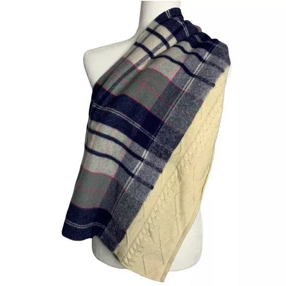 Standard Form Wool Cashmere Tartan Plaid Cable Knit Blanket Scarf Blue Cream