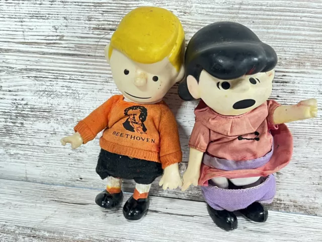 1960's Peanuts Pocket Dolls Schroeder & Lucy Soft Plastic Collectible Rare