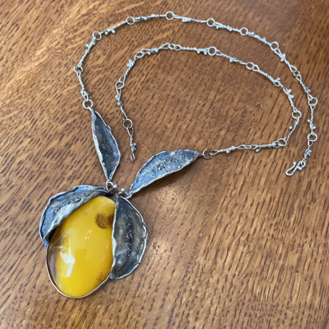 sterling silver Egg Yolk Amber pendant vintage abstract 24” One Of A Kind 5h
