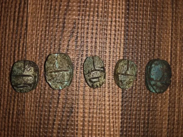 Five ( 5 ) Antique Egyptian Carved Stone Faience Scarab Beads Pendants