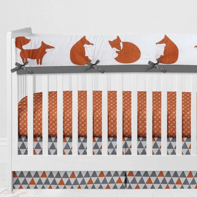 Long/Small Crib Rail Guard Covers Cotton Playful Fox Orange/Grey