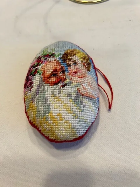 Vintage Christmas Needlepoint Santa with Child Ornament red back  Grannycore