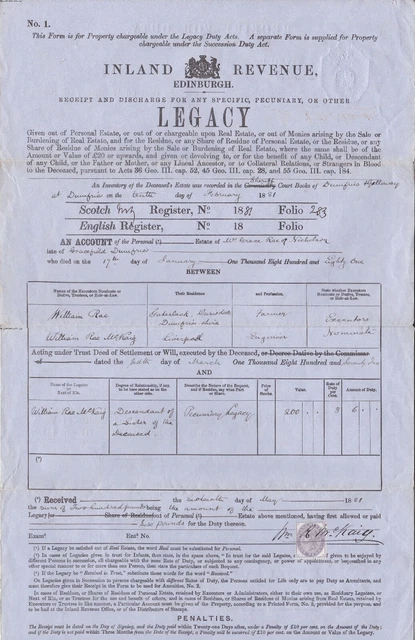 Inland Revenue Dumfries 1881 Legacy Receipt for Death Duty Paid