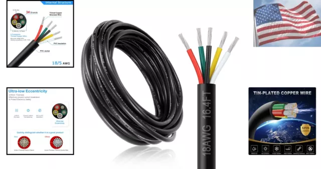 18 Gauge 5 Conductor Electrical Wire - Black PVC Stranded Tinned Copper Cable 2