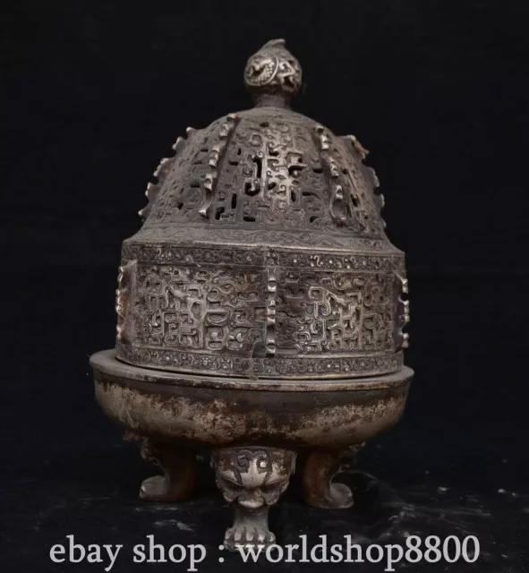 8.4" Marked Chinese Silver Copper Dynasty Dragon Beast Censer incense burner