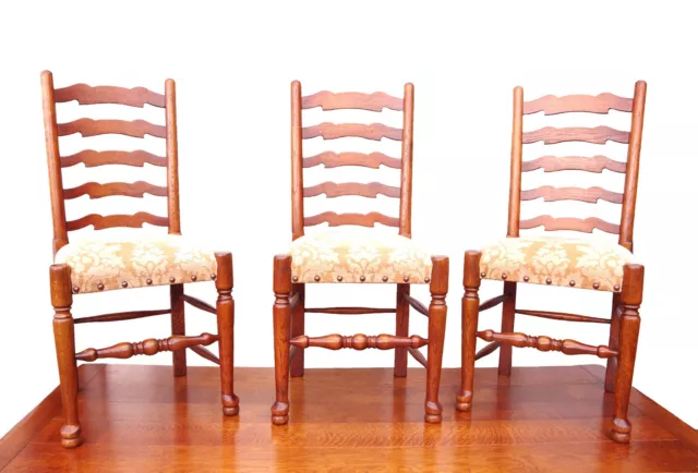 Antique Oak Table & 8 Reupholstered Wavy Line Ladderback Chairs 6 + 2 Carver 3