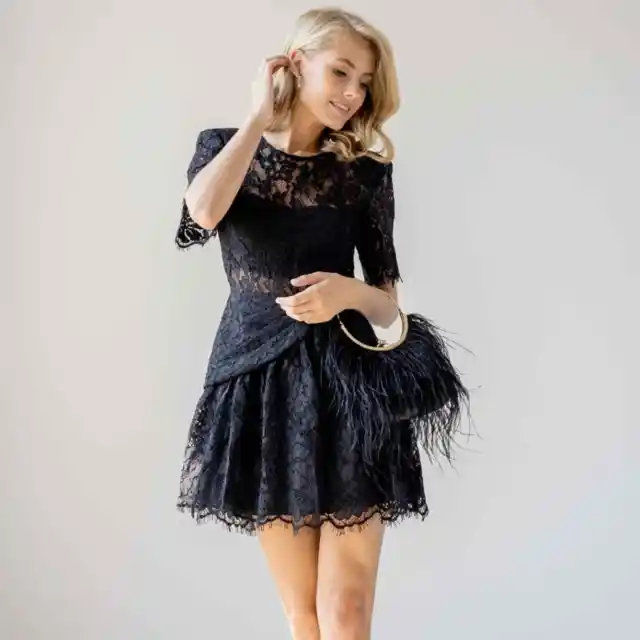 NEW Self Portrait Sz 4 Black Lace Fine Cord Sleeve Mini Dress