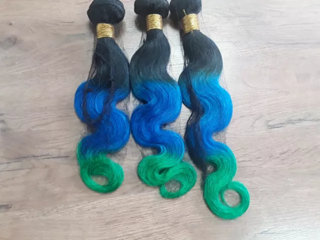 3BUNDLES REAL PERUVIAN OMBRE BODY WAVES HAIR 3TONES 1b/BLUE/GREEN 300g SALE ONLY