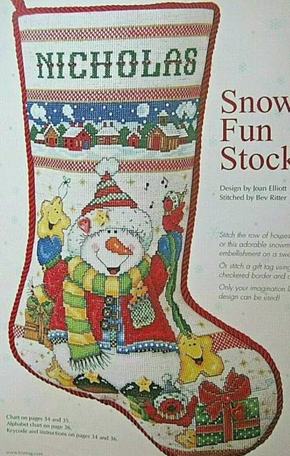 Cross Stitch "SNOW FUN STOCKING" pattern - Christmas, snowman, stars, presents