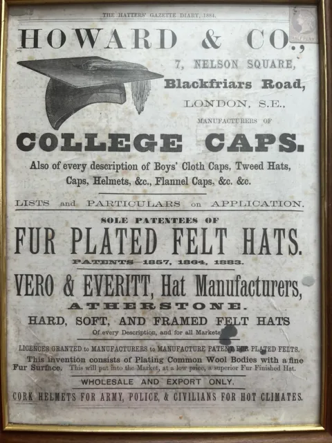 1884 advert Hatters Gazette Genuine Print