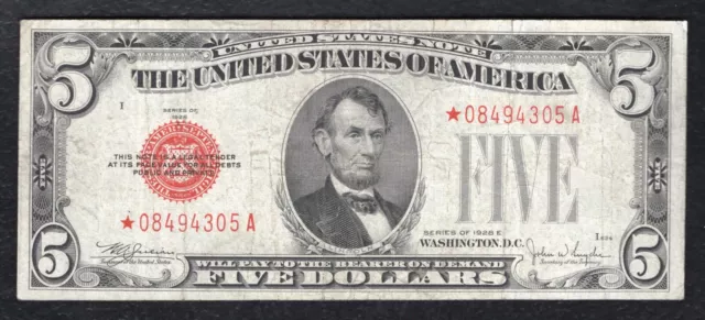 Fr. 1530* 1928-E $5 Five Dollars *Star* Legal Tender United States Note Vf