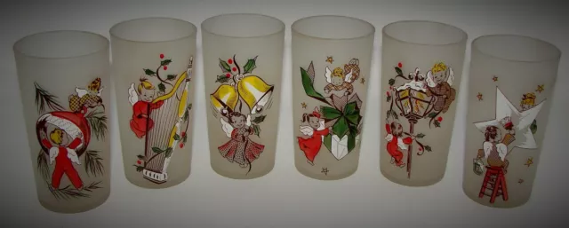 Set of 6 FEDERAL Glass Frosted Gay Fad Christmas Angels Tumbler Glasses