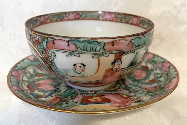 Vintage Chinese Famille Rose Medallion China Tea Cup & Saucer Hand Decorated