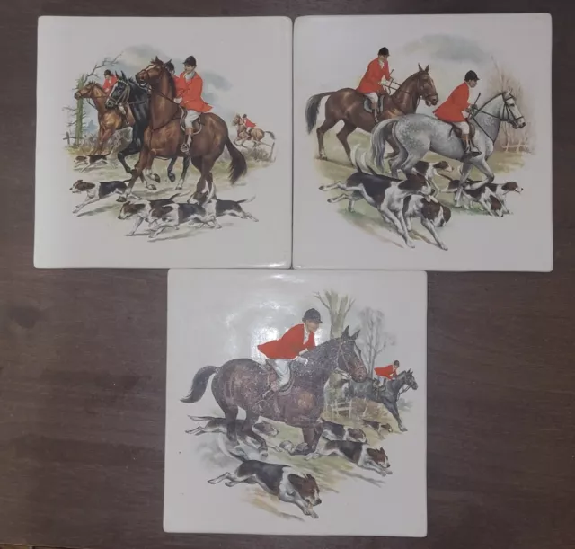 Lot of 3 Vintage Equestrian Fox Hunt H & R Johnson England Decorative Tile 4x4