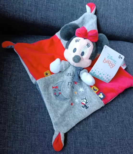 546🌟Doudou plat Minnie Mouse rouge gris raye hello star lune chat disney baby