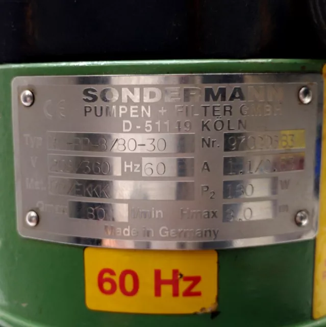 Pompe d'entraînement magnétique Sondermann RM-PP-8/80-30 80 l/min 8 m tête Ø3 208/360VAC 60 Hz 2