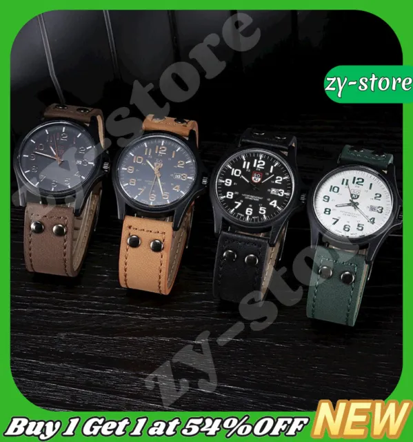 Men's Watch Military Leather Date Quartz Analog Army Casual Dress Wrist Watches