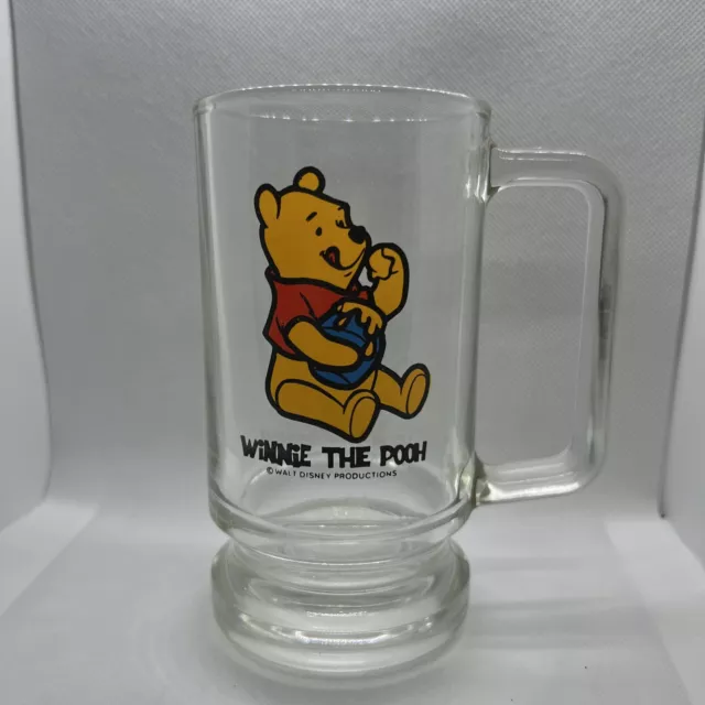 Vintage Walt Disney Productions Winnie the Pooh Clear Glass Footed Mug 5.5”