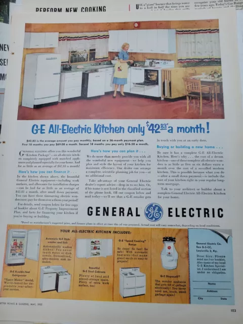 1952 General Electric all electric kitchen white cabinets vintage design ad