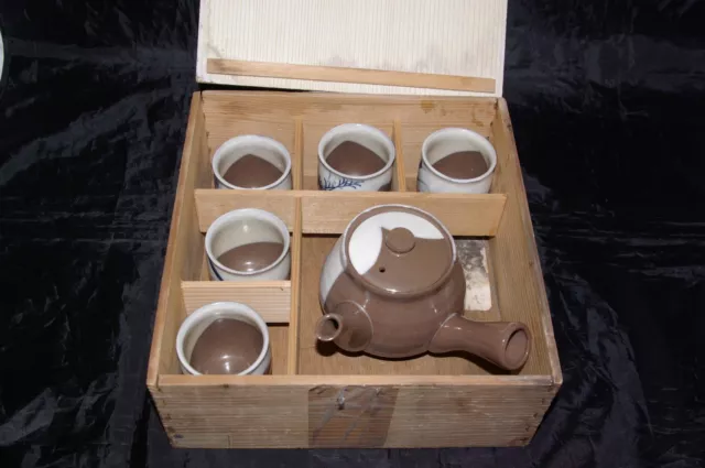 Chinese Yixing Glazed Handpainted Boxed Teaset Side Handle Teapot 5 Cups