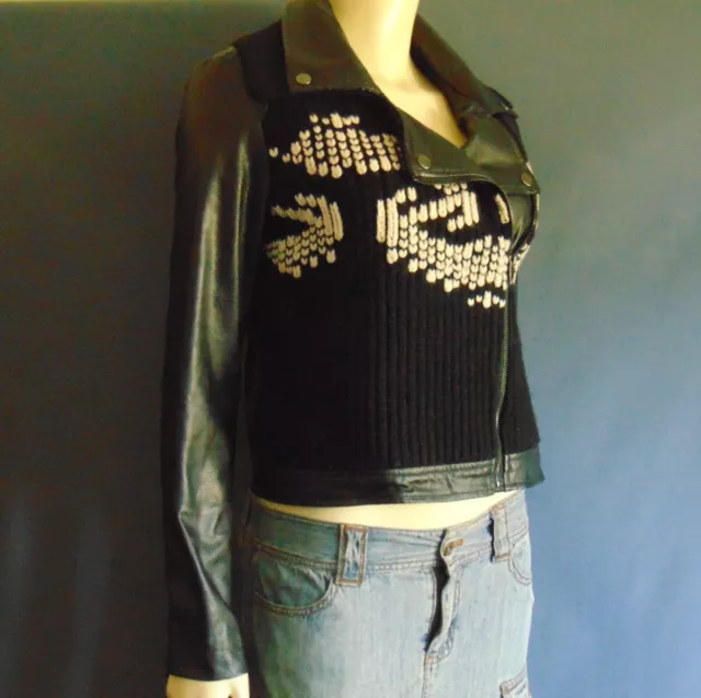 Ett:Twa Anthropologie Sweater Trim Black Faux Leather Moto Jacket XS 3