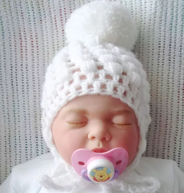 baby girl white crochet hat white  pom pom  under chin ties handmade to order