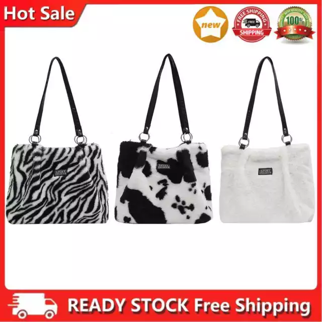 Women Fashion Zebra Stripes Cow Print Shoulder Bags Winter Plush Shopping Bag