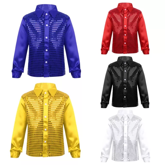 Boys Shiny Sequins Dress Shirt Long Sleeve Button Down 70s Shirts Disco Costume