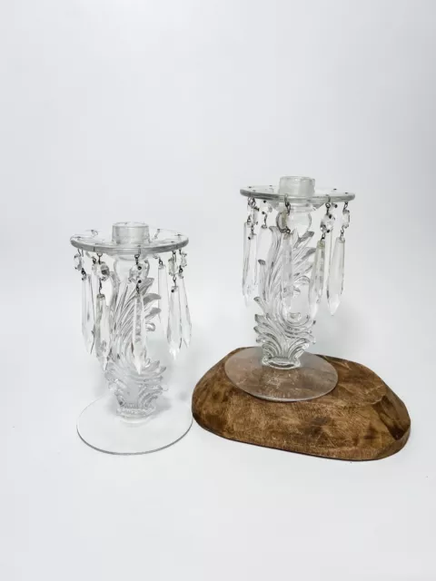 Vtg Candle glass Lusters Fostoria Baroque Pair Mid Century candlestick holders
