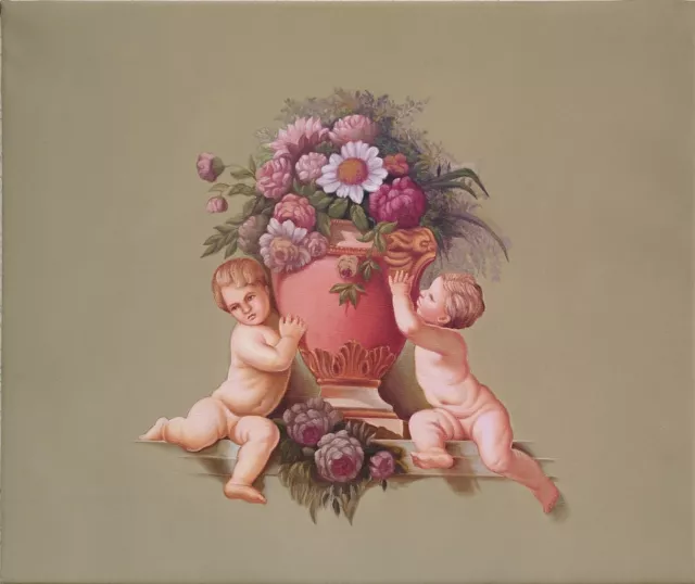 dipinto ad olio con putti - bambini con vaso di fiori - dipinto a mano