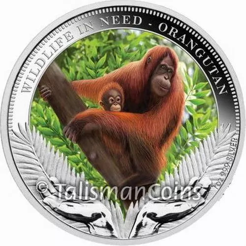 Tuvalu 2011 Wildlife in Need Orangutang $1 Pure Silver Dollar Proof with Color