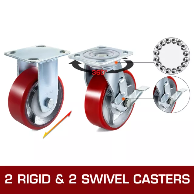 4 Pack Heavy Duty Caster Set 6" Polyurethane on Cast Iron Wheels No Mark Red 2