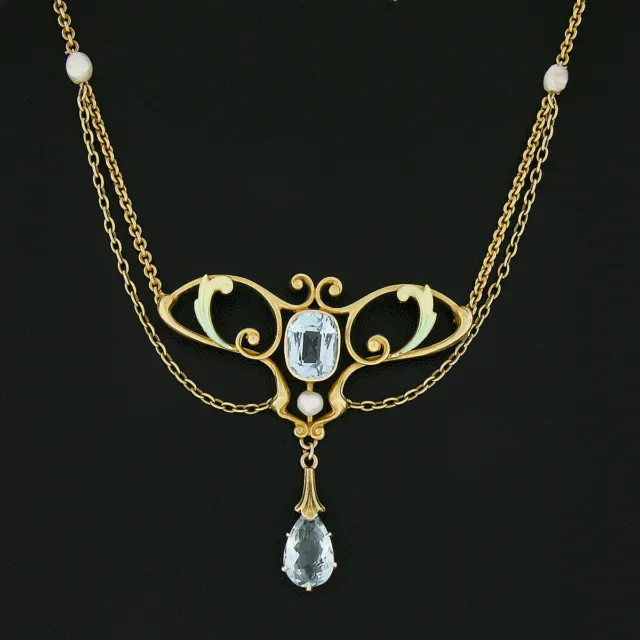 Ancien Art Nouveau 14K Or Aigue-Marine & Perle Émail Pendantes Collier 2