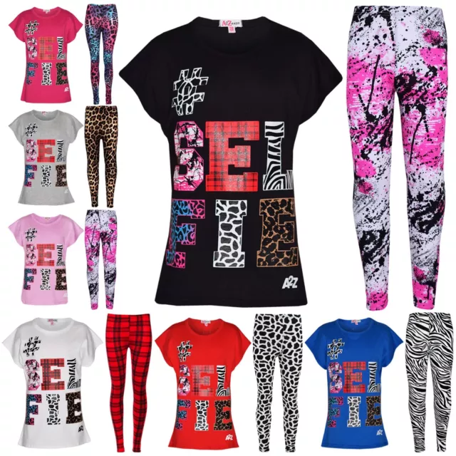 Kids Girls Tops Selfie Print Trendy T Shirt Top & Fashion Legging Set 7-13 Years