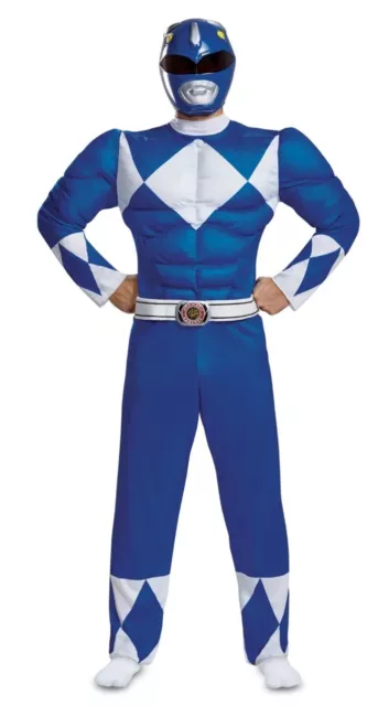 Adult Blue Power Rangers Muscle Costume Men`s Superhero Fancy Dress Size XXL