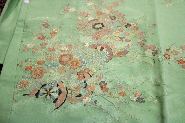 Japanese Lime Green Haori Jacket with Woven Gold and Silver Flower Cart Design 7