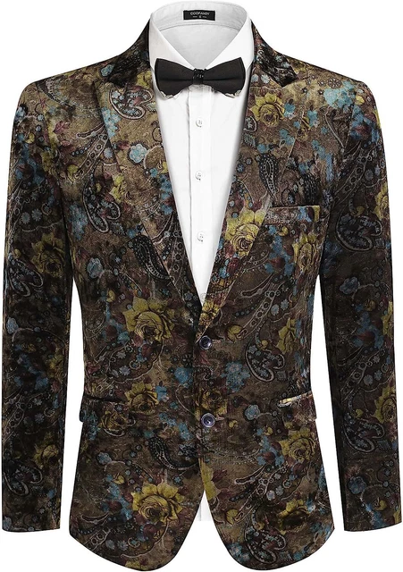 COOFANDY Mens Floral Tuxedo Jacket Slim Fit Paisley Notched Lapel Velvet Suit Bl