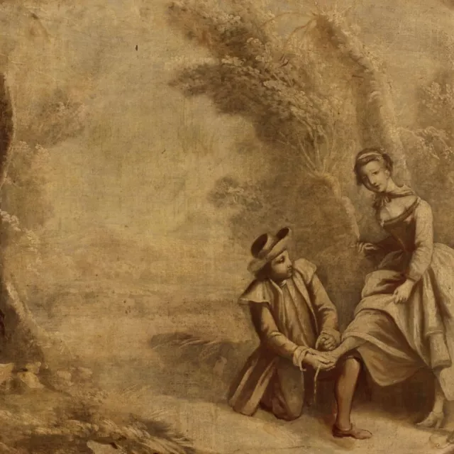 Antico quadro dipinto francese olio su tela scena romantica paesaggio cornice 3