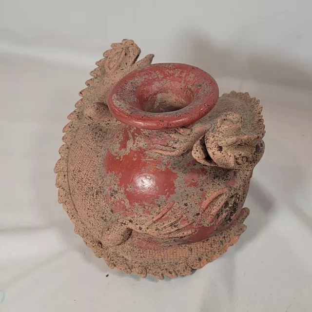 Pre-Columbian Mayan Pottery Lizard/Iguana Antique Signed 5.5" Clay Vase/Bowl/Pot