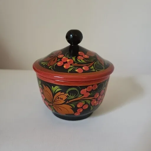 Russian Khokhloma Wooden Lidded Jar Sugar Bowl Pot Lacquer Hand Painted Folk Art
