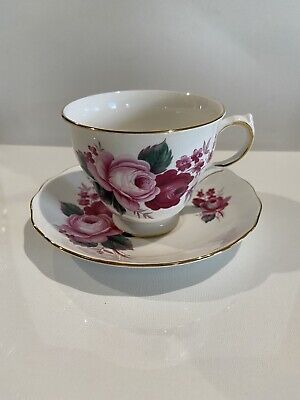 Queen Anne Tea Cup & Saucer F 57 4 Bone China Pink /Red Cabbage Roses Gold Rim