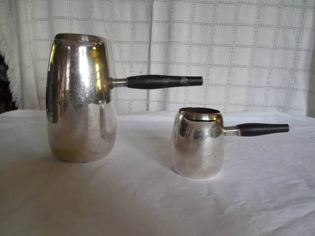 English silver mfg corp silver w/wood handle warming pots, gravy, brandy #28 & #