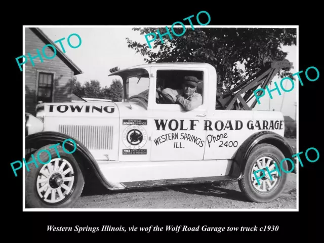 OLD LARGE HISTORIC PHOTO OF WESTERN SPRINGS ILLINOIS THE WOLF Rd TOW TRUCK 1930