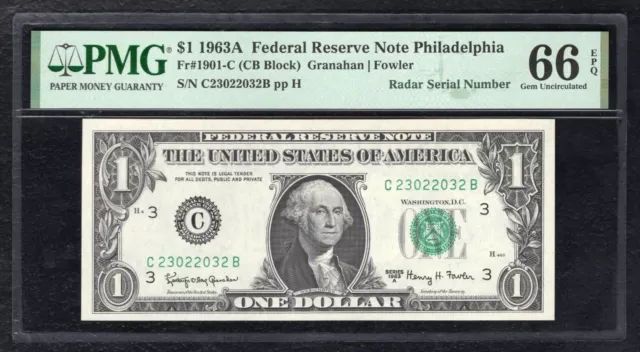 Fr 1901-C 1963-A Federal Reserve Note “Radar S/N C23022032B” Pmg Gem Unc-66Epq